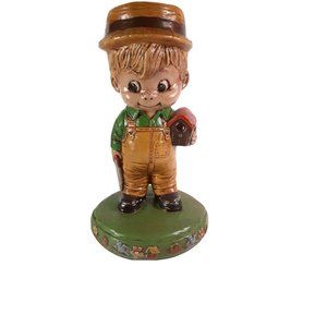 Vintage Ceramichrome Ceramic Figurine Boy in Hat Birdhouse and Saw Made in USA
